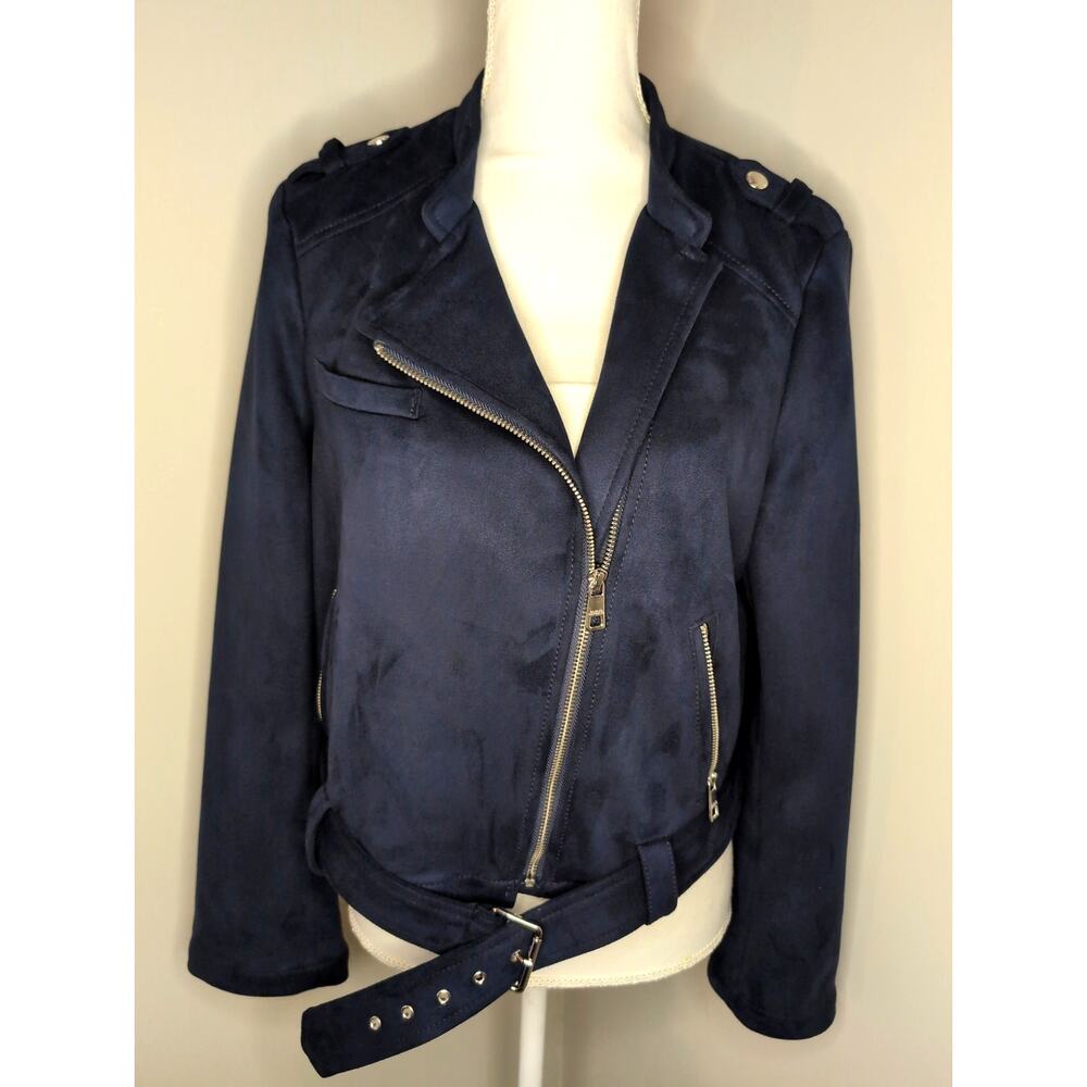 Banana Republic Vegan Moto Jacket Petite 6 Navy Faux Suede Belted Biker